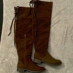 Shoedazzle Over the knee, brown boots w/ lace up and zipper. Never worn
